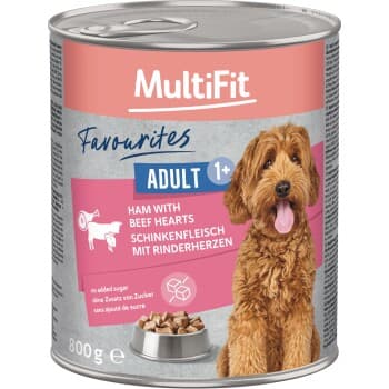 MultiFit Favoris Nourriture humide Chien Adulte Jambon avec cœurs de bœuf 6x800 g