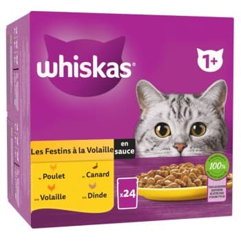 Whiskas Sachets fraîcheur Les Festins à la Volaille en sauce 4 variétés pour chat adulte 24x85g