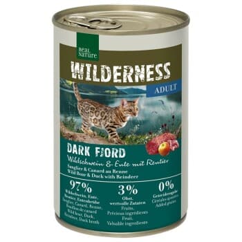 REAL NATURE WILDERNESS nourriture humide pour chat, adulte Dark Fjord sanglier au canard et au renne 12x400 g