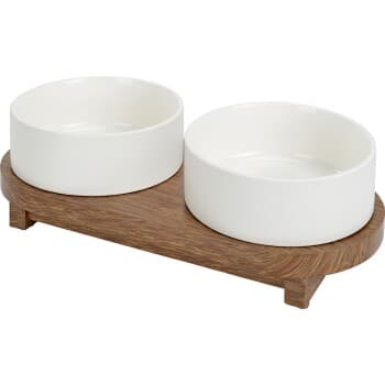 more LIFESTYLEPETS Support Bois & Gamelles Doubles Céramique blanc