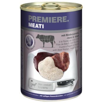 PREMIERE Meati nourriture humide pour chien, adulte Panses, cœurs et foies de bœuf 6x400 g